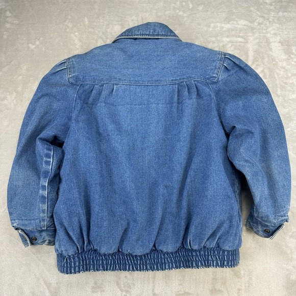 VTG 90s Women's Denim Bomber Jacket AOP Newspaper Print Lined Blue Jean Coat M - Picture 5 of 12
